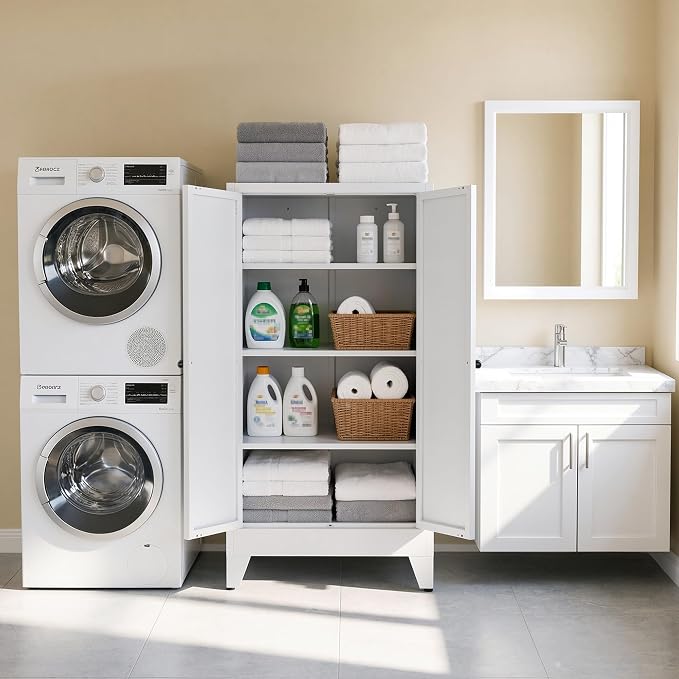 48" H White Steel Pantry Storage Cabinet with 3 Adjustable Shelves | 4-Tier Tall Metal Cabinets for Kitchen, Living Room, Garage, Heavy Duty Freestanding Utility Cabinet, Assembly Required