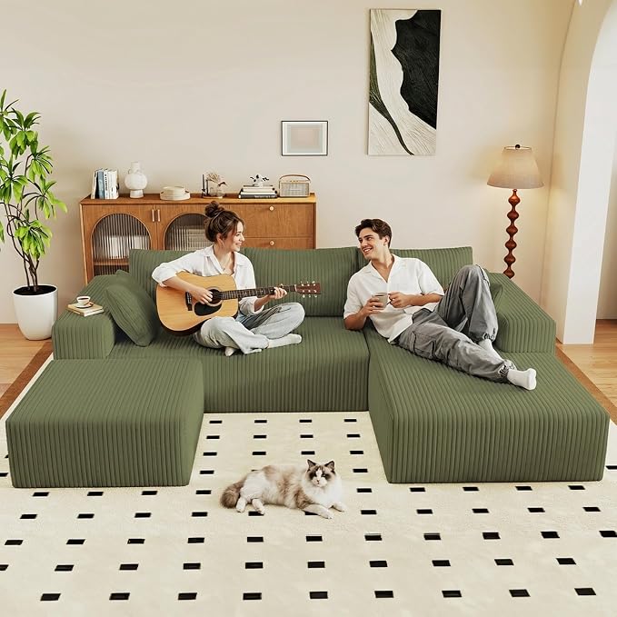 95" Cloud Sectional Couch U-Shaped Chaise with Ottoman, Corduroy Boneless Couch for Living Room Bedroom, Deep-Seat Upholstered Modular Cloud Sofa, No Assembly Required (Green, Right Facing Chaise)