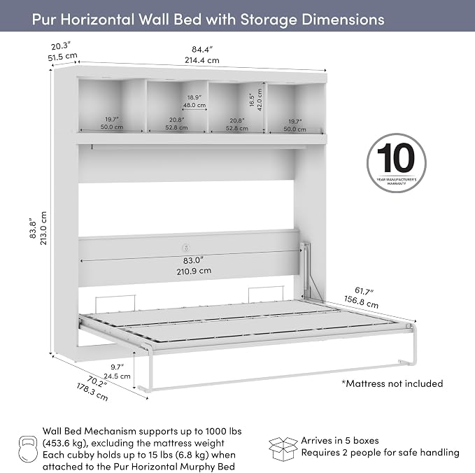 Bestar Queen Size Horizontal Murphy Bed with Storage and Charging Station, 80-inch, for Bedroom or Guestroom, Pur Collection, Modern, White