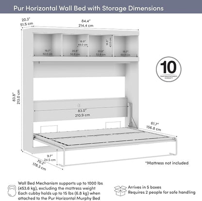 Bestar Queen Size Horizontal Murphy Bed with Storage and Charging Station, 80-inch, for Bedroom or Guestroom, Pur Collection, Modern, Gray