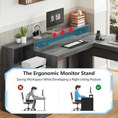 YOMILUVE 63" Farmhouse L Shaped Executive Desk with Drawers & Storage Shelf, Corner Computer Desk with Power Outlets, L Shaped Office Desk with Monitor Stand, Printer Shelf, Dark Gray