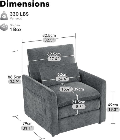 Iroomy Modern Accent Armchair – Cloud-Like Single Sofa with Pocket Spring Seat, Soft Chenille Fabric, Removable Cover, Cozy Lumbar Support for Living Room, Bedroom, Apartment, Gray