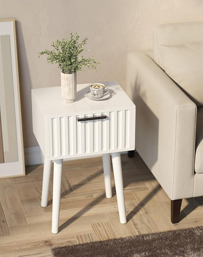 YMYNY Fluted Nightstand Set of 2, Small End Table, Modern Coffee Table with Drawer, Solid Wood Legs, Retaining Chain, 13.8" x 10.6" x 20.9", for Bedroom and Small Spaces, White UHST014W-2