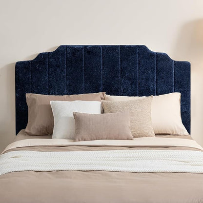 Twin Headboard Only - Blue Velvet Upholstered Headboard for Bed, No Assembly Required, Pure Sponge Design, Comfort Head Board, Place Between Bed & Wall, Vertical Stripe with Stepped Crown Top Edge