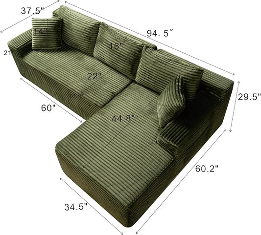 95" L-Shaped Right Facing Cloud Sectional Couch for Living Room, Modular Compressed Boneless Sectional Sofa Corduroy Boneless Corner Foam Sofa W/Chaise Lounge and Pillows