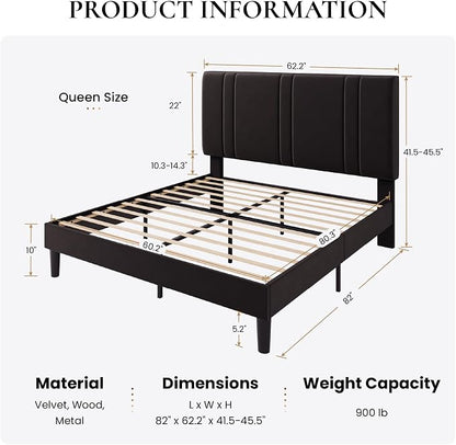 SHA CERLIN Queen Size Platform Bed Frame, Velvet Upholstered Bed with Adjustable Headboard, Vertical Channel Tufted Design, Sturdy Wood Slat Support, No Box Spring Needed, Easy Assembly, Black