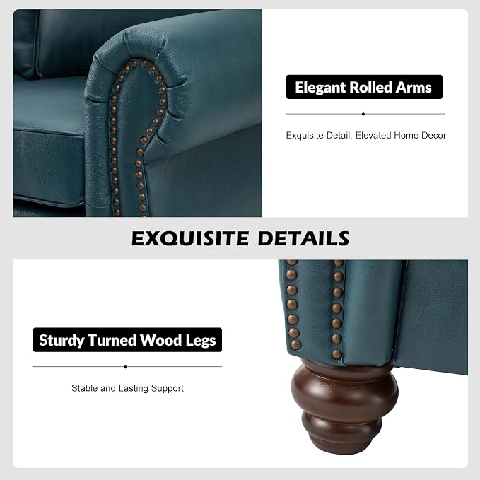 81" Genuine Leather Sofa, Classic 3-Seater Couchs with Wood Legs, Stylish & Comfortable Sofa for Living Room or Office, Easy Assembly and Maintain & Long-Lasting, Turquoise