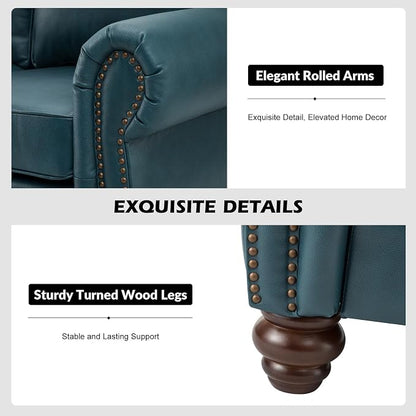 81" Genuine Leather Sofa, Classic 3-Seater Couchs with Wood Legs, Stylish & Comfortable Sofa for Living Room or Office, Easy Assembly and Maintain & Long-Lasting, Turquoise