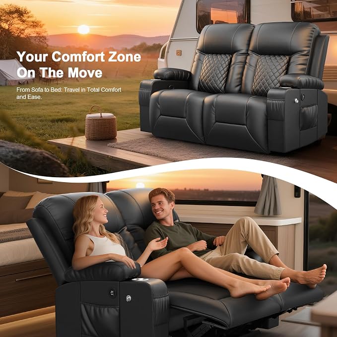 RV Loveseat Recliner Sofa, Reclining Loveseat Wall Hugger Recliners with USB Ports, Cup Holders, Insert Pockets, RV Recliners for Travel Trailers & Living Room, RV Furniture | RV Couch | Black