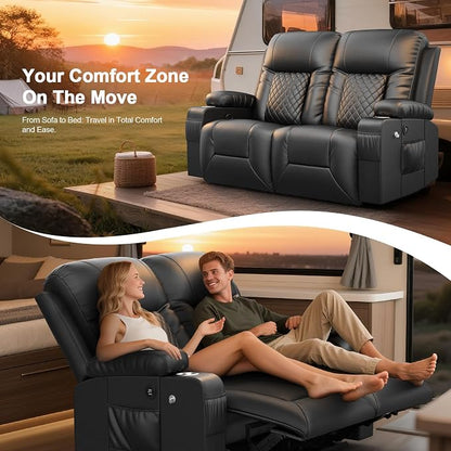 RV Loveseat Recliner Sofa, Reclining Loveseat Wall Hugger Recliners with USB Ports, Cup Holders, Insert Pockets, RV Recliners for Travel Trailers & Living Room, RV Furniture | RV Couch | Black