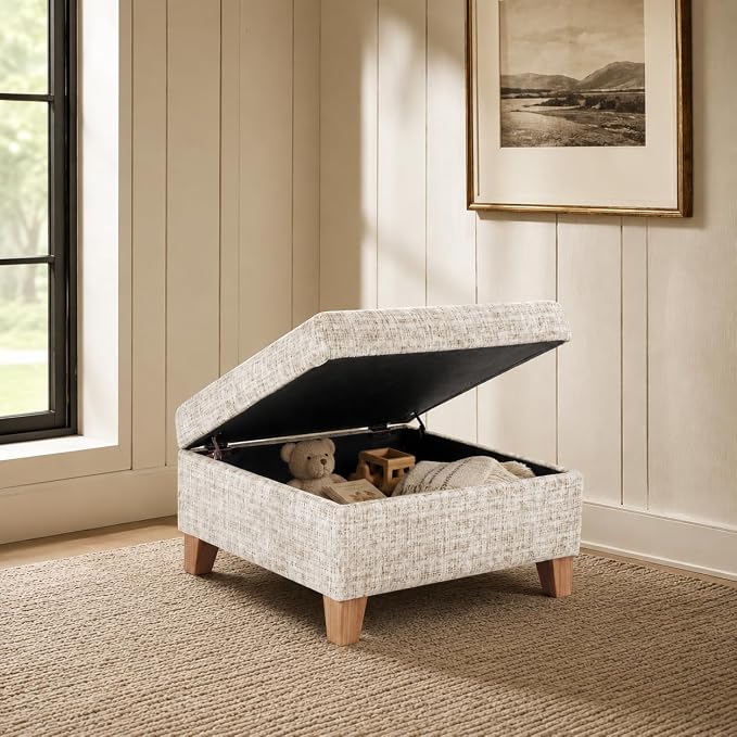 HomePop Camden Button Tufted 28" Storage Ottoman - Cream Textural Woven