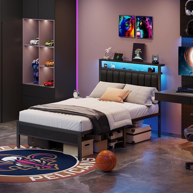 Furnulem Full Size Bed Frame with Charging Station and LED Lights, Platform Bed with Metal Slats, Grey Upholstered Headboard with 2-Tier Storage Shelves, No Box Spring Needed
