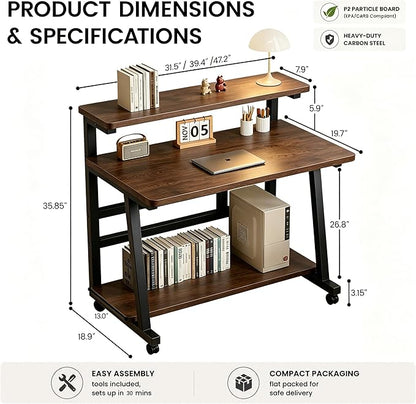 31.5 Inch Compact Rolling Computer Desk with Tier Worktable & Lockable Wheels, Small Computer Desk, Small Desk for Bedroom, Mobile Writing Workstation Easy Assembly for Home Office Small Spaces