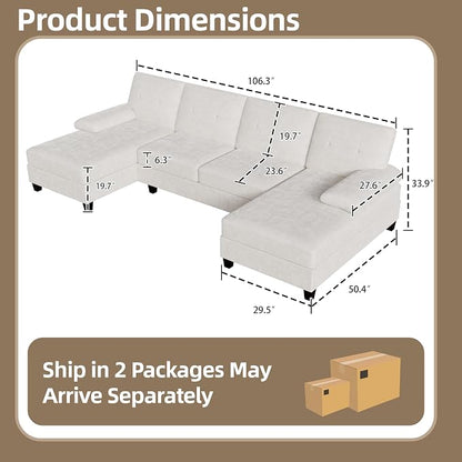 Shintenchi U-Shaped Sectional Couches for Living Room, 4 Seat Sofa with Double Chaise Lounges,Solid Wood Frame Sectional Sofa for Apartment,White