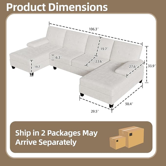 Shintenchi U-Shaped Sectional Couches for Living Room, 4 Seat Sofa with Double Chaise Lounges,Solid Wood Frame Sectional Sofa for Apartment,White