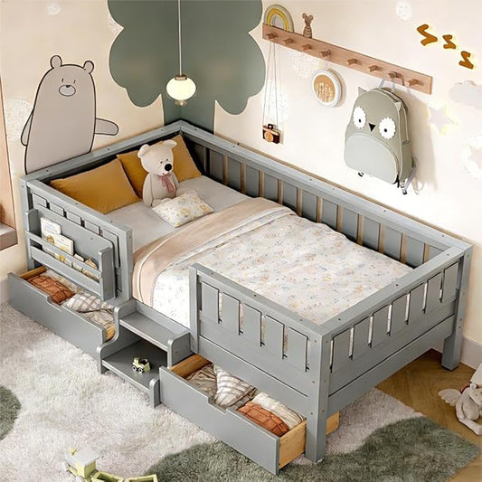 Bellemave Twin Bed with Storage Drawers & Bookshelf, Low Profile Kids Bed Frame with Staircase & Full Length Guardrails, Solid Wood Twin Bed for Kids with Slats Load 300LBS, Easy Assembly, Grey
