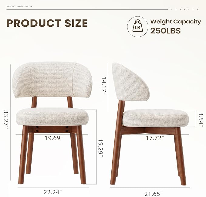 MALOL Wooden Dining Chairs Set of 2, Modern Upholstered Dining Room Chair, Fabric Kitchen Side Chairs with Curved Open Back for Living Room/Restaurant/Cafe, Beige