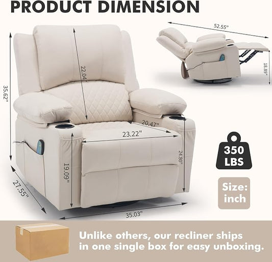 Faux Leather Recliner Chair with Heat and Massage Cup Holder, Overstuffed Swivel Rocker Recliner Chair Rocking Glider Chair for Nursery, Cream White