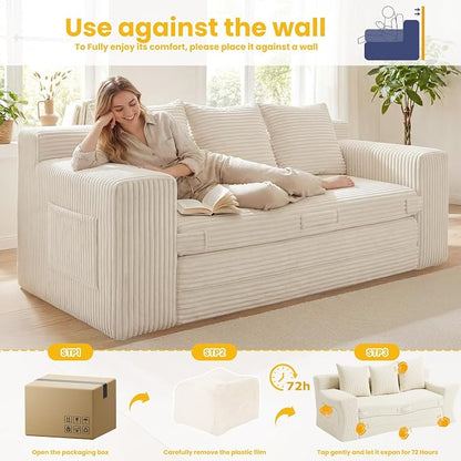 Boneless Couch,3 Seater Boneless Couch Bed – 3-in-1 Convertible Sleeper Sofa with Side Pockets & Handle,Pull Out Corduroy Futon for Small Space,Living Room & Bedroom, 3 Pillows Included,No Assembly