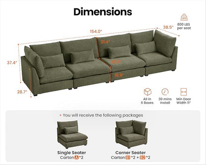 154" Oversized Chenille Couch Modular Sectional Sofa, Washable Cloud Couch Sectional, 4 Seater Sectional Couches for Living Room, Fully Cover Removable, Basic 4 Seater, Chenille, Green