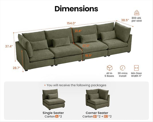 154" Oversized Chenille Couch Modular Sectional Sofa, Washable Cloud Couch Sectional, 4 Seater Sectional Couches for Living Room, Fully Cover Removable, Basic 4 Seater, Chenille, Green