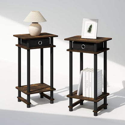 Furinno Turn-N-Tube Tall Nightstand with Bin, 2-Pack, Plastic Poles, Amber Pine/Black | Tall Narrow, Open Shelf Design Nightstand with Storage Bin, Bedside Table, End Table, Side Table, for Bedroom, Closet, Dorm