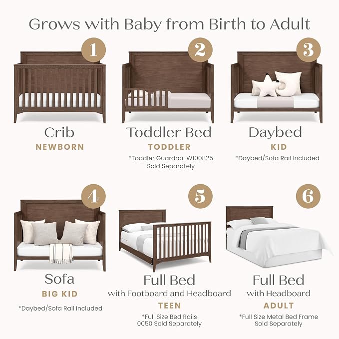 Delta Children Kendall 6-in1 Convertible Crib - Converts from Baby Crib to Toddler Bed, Daybed, Sofa Bed and Full-Size Bed with and Without Footboard, Fits Full-Size Crib Mattress, Teak Brown