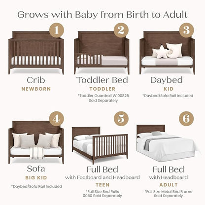 Delta Children Kendall 6-in1 Convertible Crib - Converts from Baby Crib to Toddler Bed, Daybed, Sofa Bed and Full-Size Bed with and Without Footboard, Fits Full-Size Crib Mattress, Teak Brown