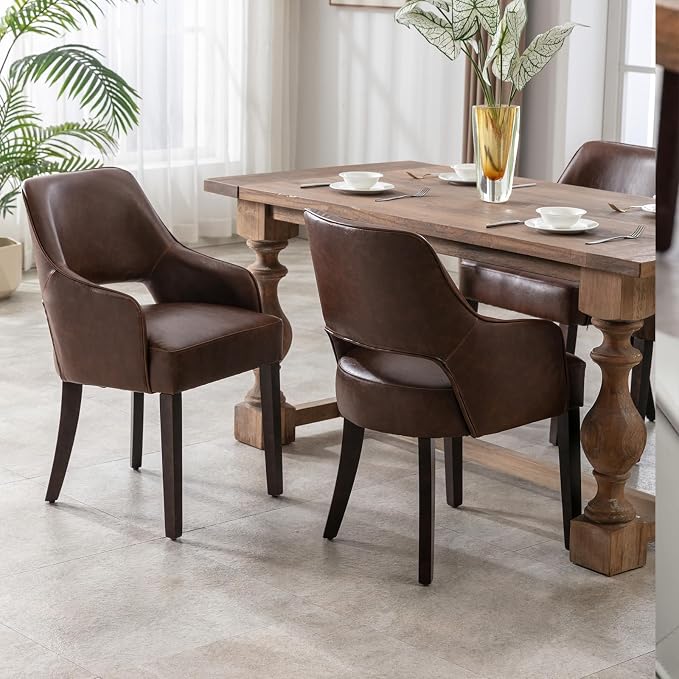 Faux Leather Upholstered Dining Chairs Set of 6 with Arms | Brown faux leather upholstery, solid wood legs, curved open back, padded seat, easy-care surface, dining room, kitchen