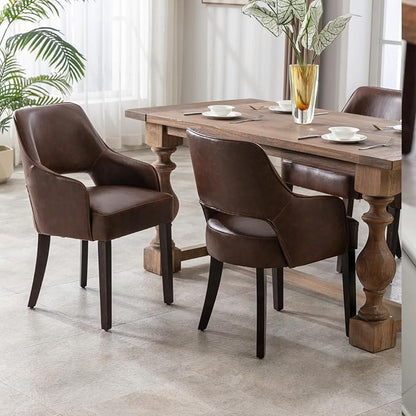 Faux Leather Upholstered Dining Chairs Set of 6 with Arms | Brown faux leather upholstery, solid wood legs, curved open back, padded seat, easy-care surface, dining room, kitchen