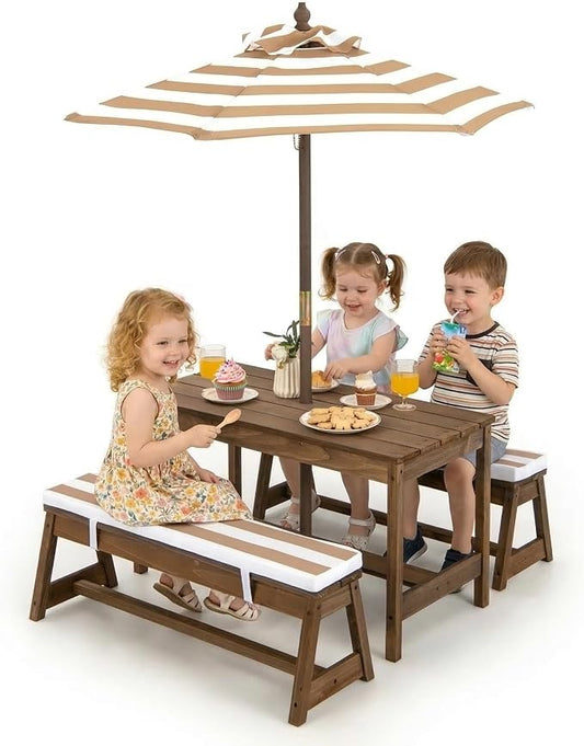 Costzon Kids Picnic Table, Toddler Wood Table & Chair Set w/Cushions, Height Adjustable Umbrella, Children Activity Table Outdoor Furniture Set for Patio, Garden, Backyard, Gift for Ages 3-8 (Coffee)