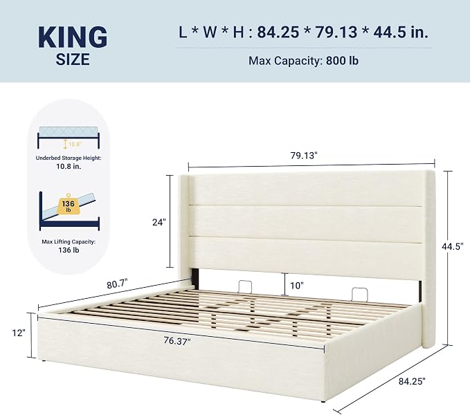 Allewie King Size Lift Up Storage Bed, Chenille Fabric Upholstered, Modern Wingback Headboard, Hydraulic Support, No Box Spring Needed, Cream White