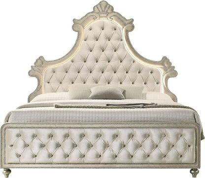 Acme Lucienne Velvet Upholstered Eastern King Bed with LED in Beige