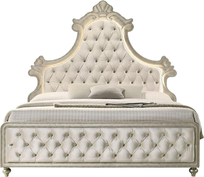 Acme Lucienne Velvet Upholstered Queen Bed with LED in Beige