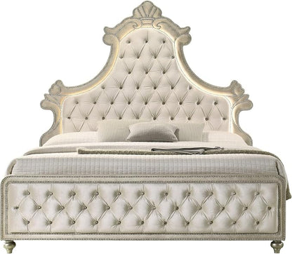 Acme Lucienne Velvet Upholstered Queen Bed with LED in Beige