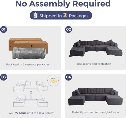 MAXYOYO 129.5" Modular Sectional Sofa Couch, U Shaped Modern Cloud Couch with 2 Ottomans, Sofa in A Box, Tufted 6-Seat Boneless Chair for Living Room, No Assembly Required, Grey