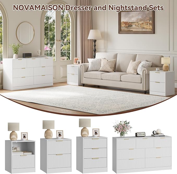 7 Drawer Dresser & Nightstand Set 3-Piece, 55” Wide Bedroom Dresser Set Night Stand Set of 2 with Metal Handle, Fluted Modern Wood Chest of Drawers Storage Dressers Set for Bedroom, White