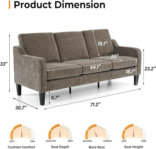 VINGLI Couches for Living Room, Brown 71" Small Sofa Mid Century Modern Couches 3 Seater Comfy Couch Upholstered Soft Chenille Floor Couch for Bedroom, Apartment, Office
