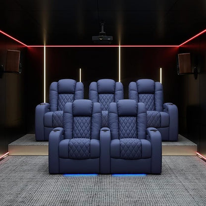 Weilianda Home Theater Seating Top Grain Leather Zero Gravity Recliner Chair Power Headrest Recline Movie Seat Gaming 7 Colors Mood Light Sofa with Tray Table USB Charge Row of 3 Loveseat Left Blue