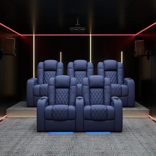Weilianda Home Theater Seating Top Grain Leather Zero Gravity Recliner Chair Power Headrest Recline Movie Seat Gaming 7 Colors Mood Light Sofa with Tray Table USB Charge Row of 3 Loveseat Left Blue