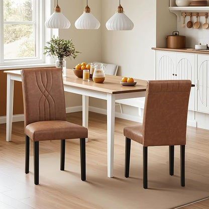 VECELO Upholstered Dining Chairs Set of 6, Modern PU Leather High Back Chairs with Solid Wood Legs for Kitchen and Living Room, Brown