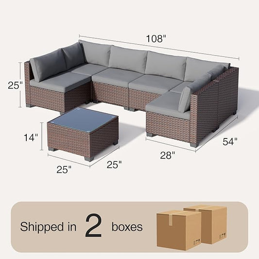 Qsun 7 Pieces Outdoor Patio Furniture Set, PE Rattan Outdoor Wicker Sectional Furniture Sofa Set, with Cushions and Glass Coffee Table, for Balcony, Porch, Garden, Grey