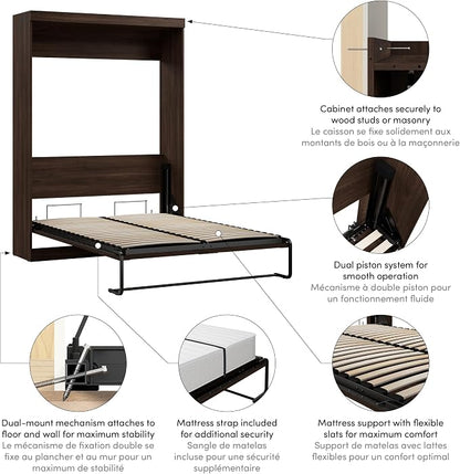 Bestar Pur Full Size Murphy Bed in Black Walnut, 59-inch Space-Saving Sleeping Arrangement for Multipurpose Area, Bedroom, Guest Room, or Living Room