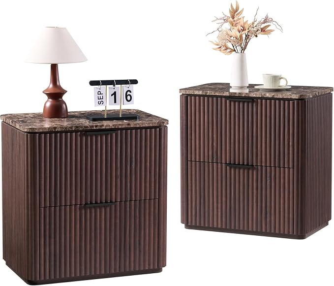 Fluted Nightstands Set 2 with Faux Marble Top, Modern Bedside Table | FSC-Certified Engineered Wood, 24" H, 2 Drawers, Rounded Corner, Metal Handle, for Bedroom, Dark Oak