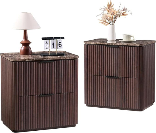 Fluted Nightstands Set 2 with Faux Marble Top, Modern Bedside Table | FSC-Certified Engineered Wood, 24" H, 2 Drawers, Rounded Corner, Metal Handle, for Bedroom, Dark Oak