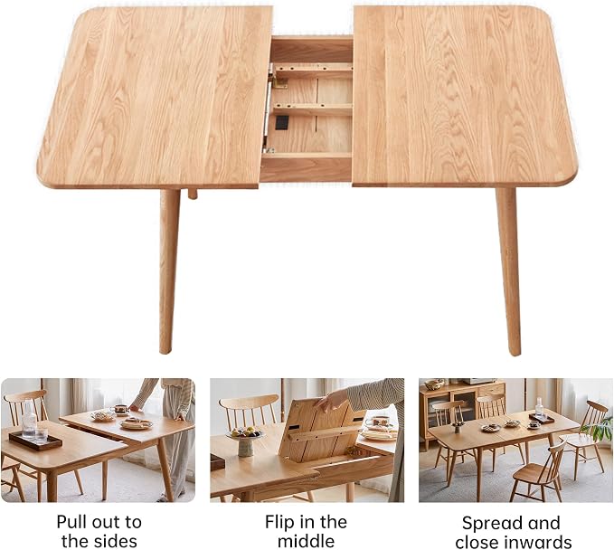 47’’-63’’ 100% Oak Extendable Dining Table, Solid Wood Folding Kitchen Table, Mid Century Modern Dinner Table for Kitchen, Apartment, Living Room (47''-63'' Natural)