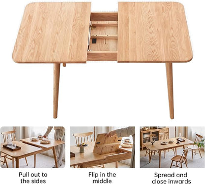 47’’-63’’ 100% Oak Extendable Dining Table Chairs and Bench Set, Solid Wood Folding Kitchen Table, Mid Century Modern Dinner Table for Kitchen, Living Room, Natural (47''-63''+2Chairs+47''Bench)