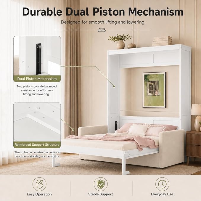 Queen Murphy Bed with Couch, Space Saving Wall Bed Cabinet Bed with Sofa and Storage, Folding Wall Bed with Dual Piston Metal Mechanism, Hide Away Bed for Studio, Small Apartment, Guest Room(White 4)