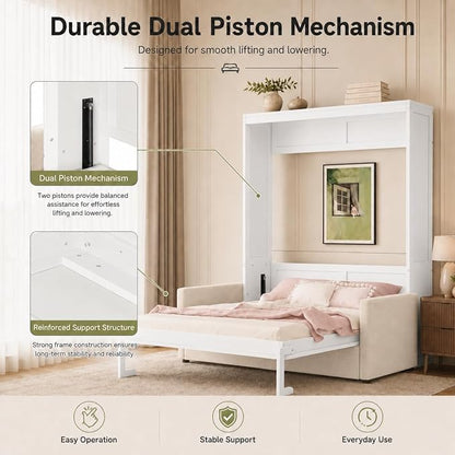 Queen Murphy Bed with Couch, Space Saving Wall Bed Cabinet Bed with Sofa and Storage, Folding Wall Bed with Dual Piston Metal Mechanism, Hide Away Bed for Studio, Small Apartment, Guest Room(White 4)