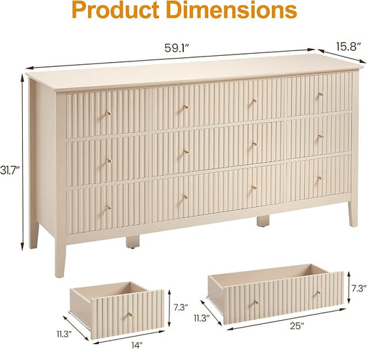 RoyalCraft Fluted Dresser for Bedroom with 9 Drawers, 59" Wide Painted Wooden Chest of Drawers, Modern TV Stand Storage Cabinet for Living Room, Hallway, Beige